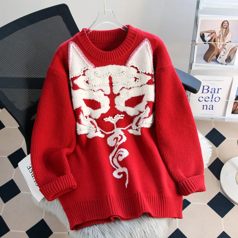 

Hsa Beaded Red Sweater Women 2023 Winter Thickened New Year Zodiac Year of the Dragon Loose Lazy Style Knit tops