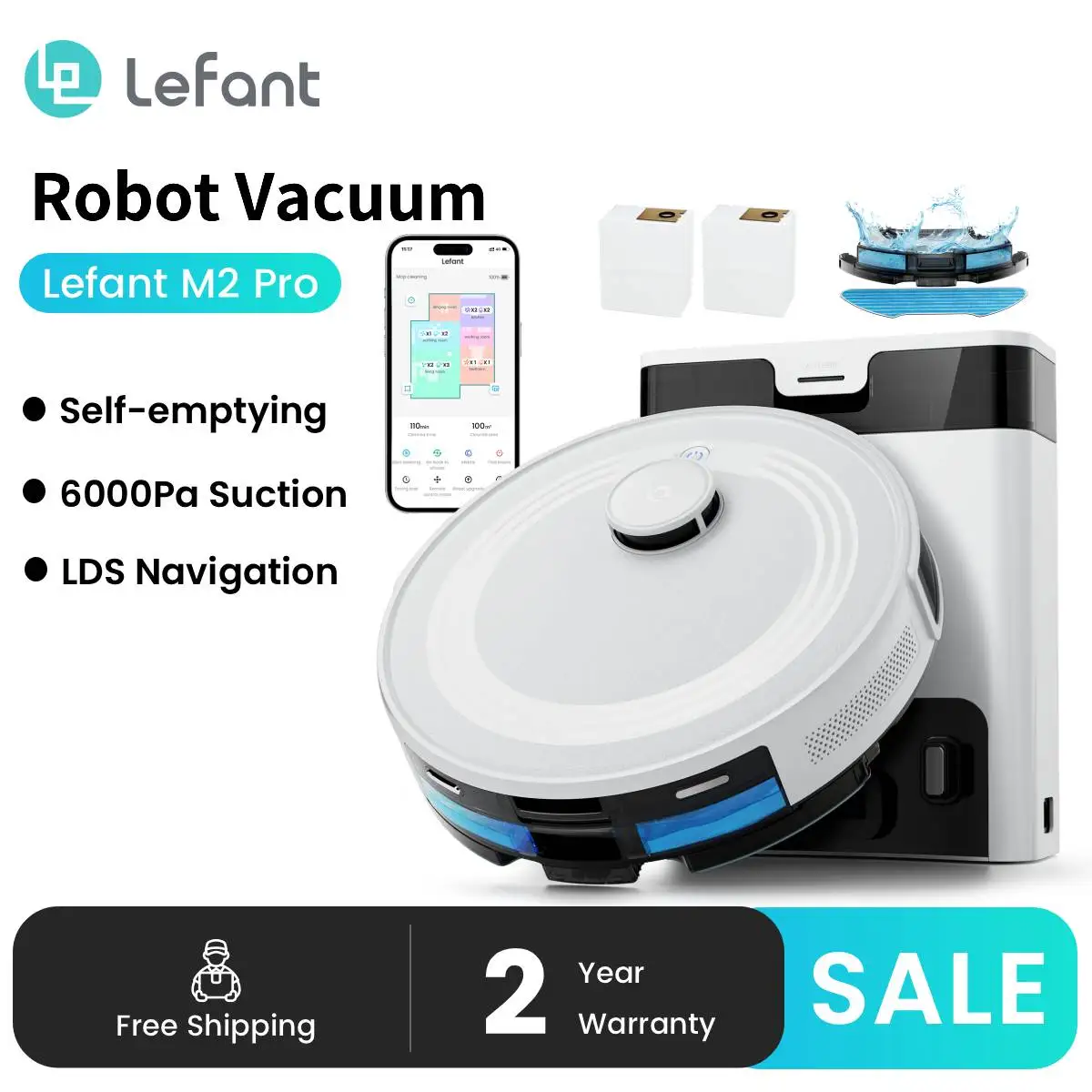 Lefant M2 Pro Roboterstaubsauger mit Mopp, selbstentleerend, 6000 Pa, DTOF-Lasernavigation, PSD-Hindernisvermeidung, Wi-Fi/Alexa-Steuerung