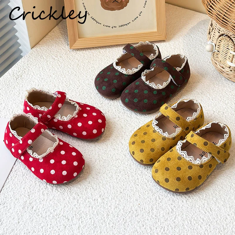 

2025 Dot Kids Flats Shoes Lace Ruffles PU Leather Girs Princess Shoes Fashion Soft Hook Loop Anti Slip Children Mary Janes