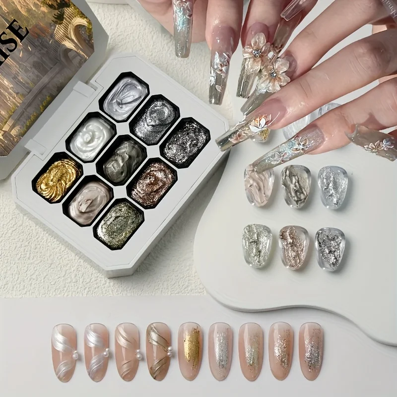 Maillard 9-Size Solid Nail Polish Gel/Gel Powder Set – Nail Gel, Metallic Glitter Gel Nail Polish, Super Glossy, Reflective, Spa