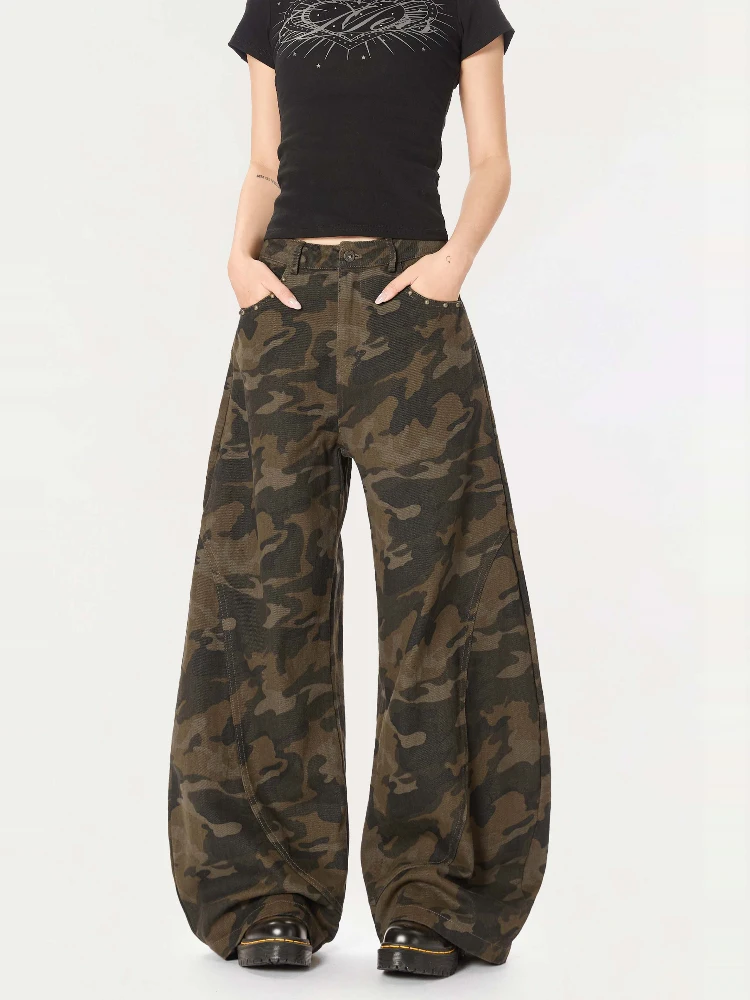 HIDES Pantaloni mimetici retrò americani Hiphop Sciolto drappeggio dritto Casual Coltello a gamba larga Alla moda Vita alta Lungo cotone Wo...