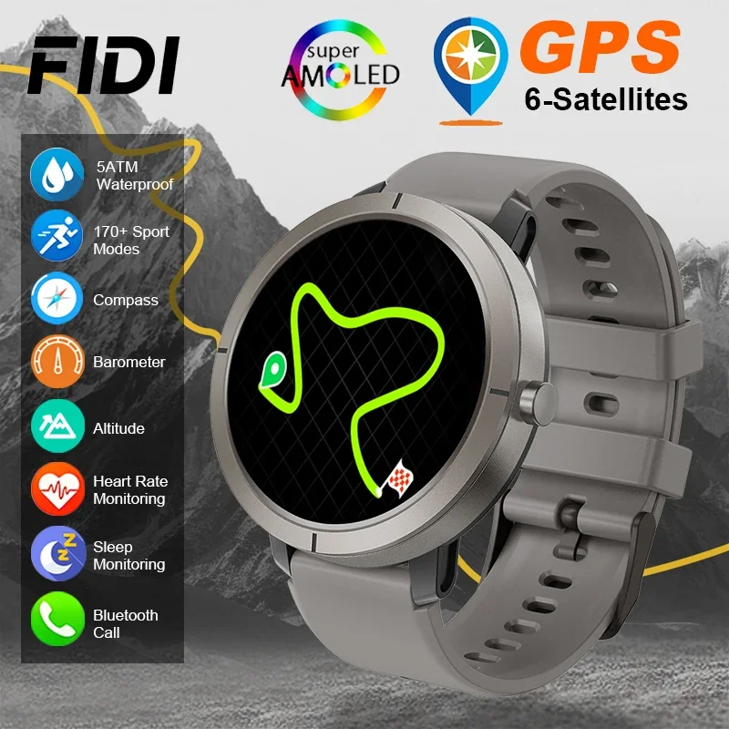 GPS Sports Smart Watch 1.32'' AMOLED Screen 5ATM Waterproof Wrist Watch 360mAh Battery Elevation Pressure Compass Smartwatch