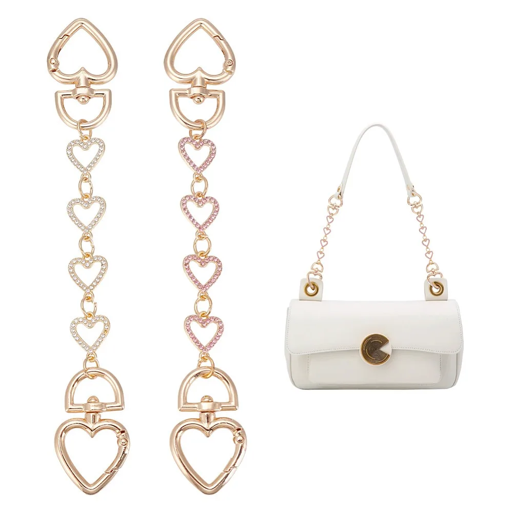 2Pcs 2 Colors Alloy Rhinestone Heart Link Chain Bag Extension Chains with Swivel Clasps Bag Replacement Accessories Light Gold