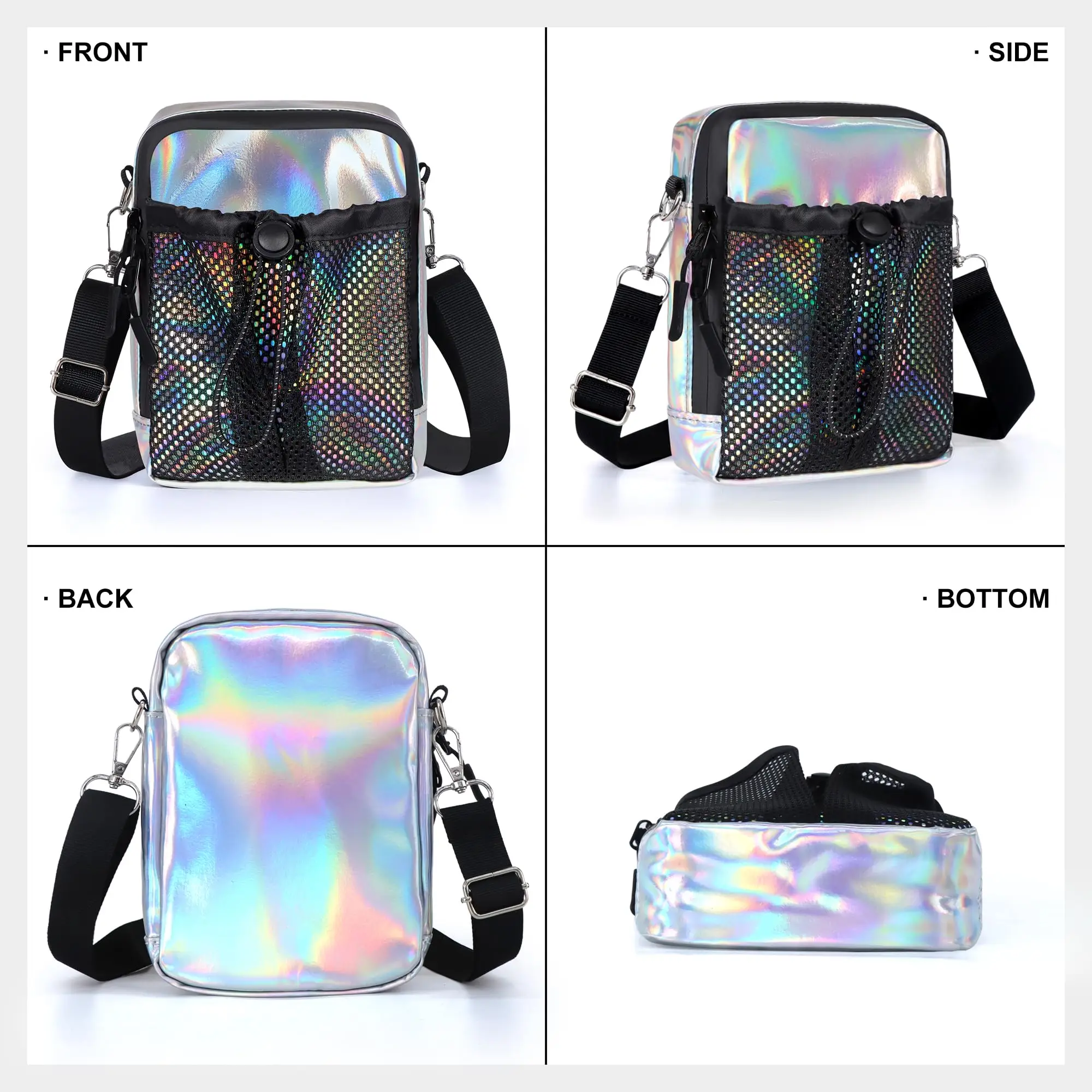 Holographic Laser Crossbody Shoulder Bag Water‑Resistant Adjustable Strap Sling Bag With Drawstring Mesh Pocket For Daily Travel