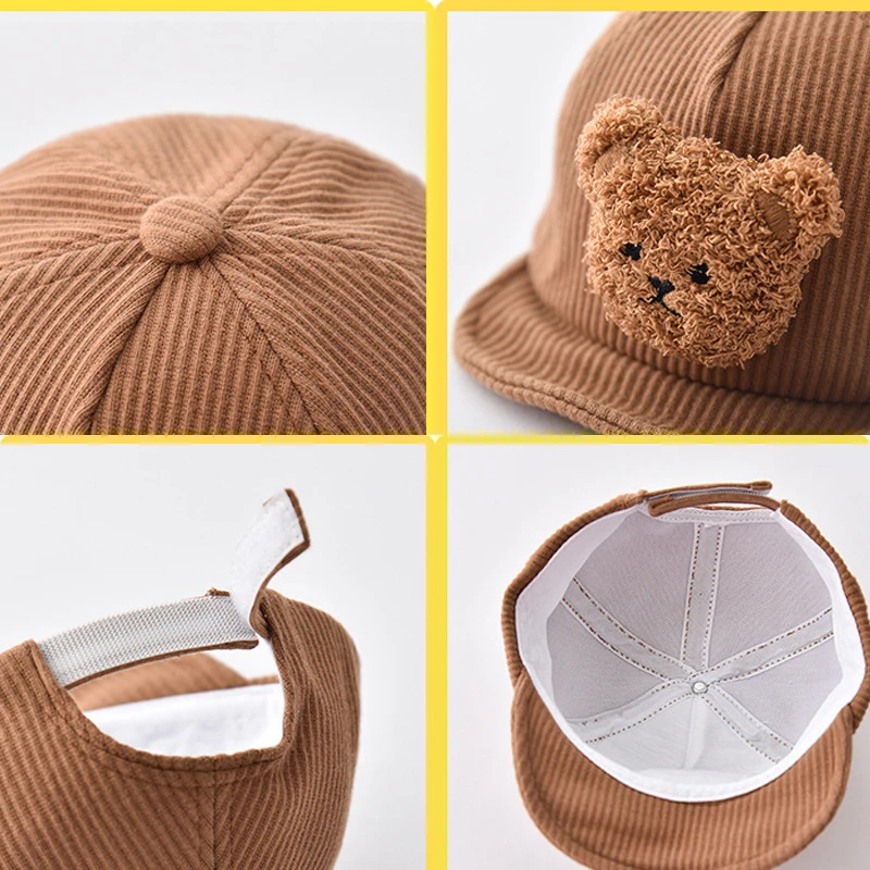 Cartoon Bear Baby Baseball Cap Solid Adjustable Soft-brim Peaked Hat for Kids Autumn Winter Warm Corduroy Infant Toddler Hats 모자