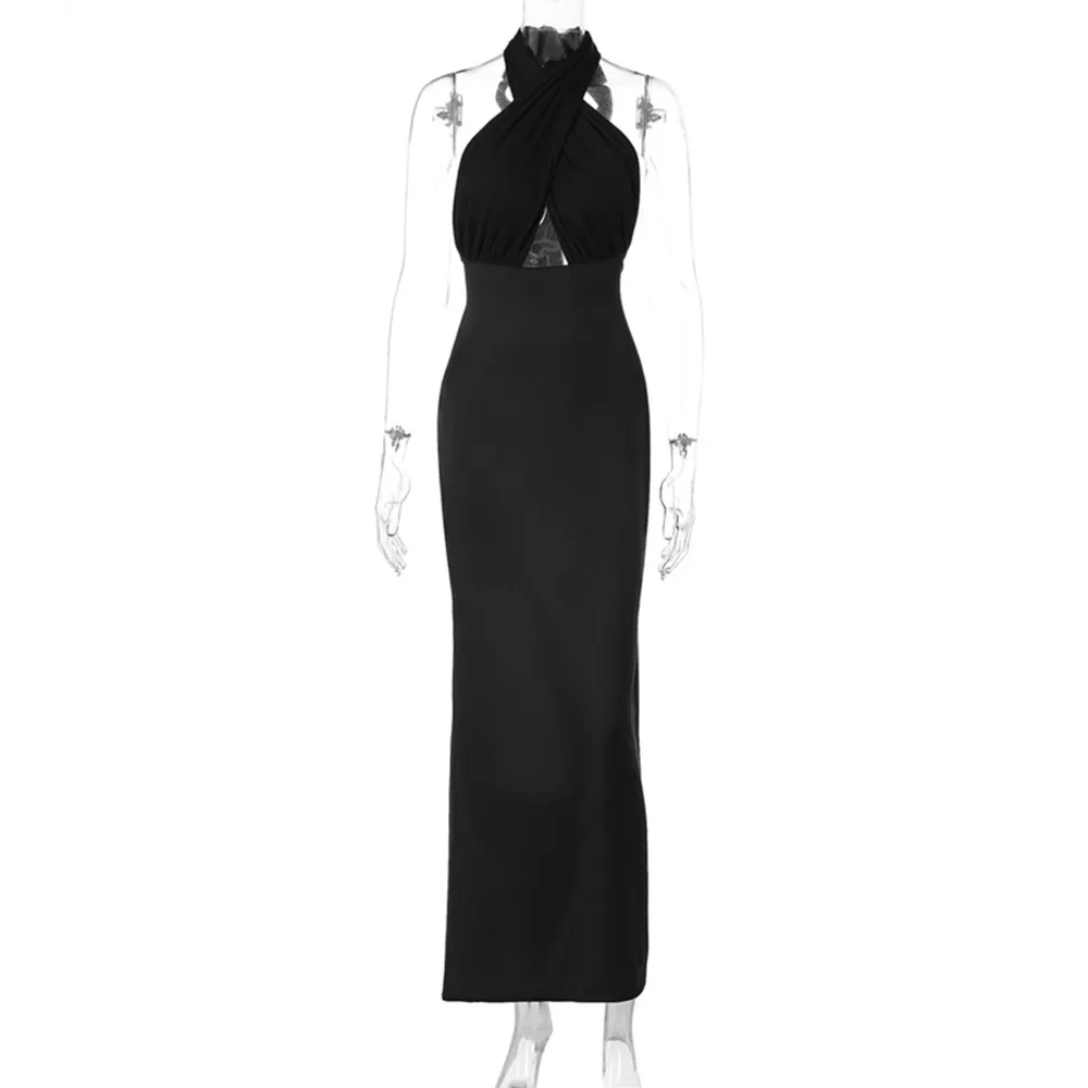 BKLD 2025 Spring Summer New Fashion Black Dress Sexy Open Back Cross Halter Neck Hollow Out Sleeveless Dress Clothes For Women