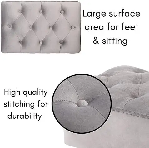 Tufted Rectangle Grey Ottoman \u2013 Velvet Foot Stool \u2013 Mid Century Modern Steel Legs - Soft Compact Padded Stool - Living