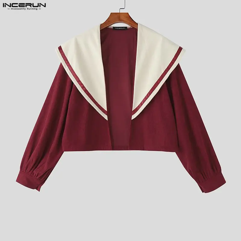 

INCERUN Мужская рубашка в стиле пэчворк, темно-синий воротник, кардиган с длинным рукавом и открытой строчкой, мужская уличная одежда, свободная модная повседневная мужская одежда, топы