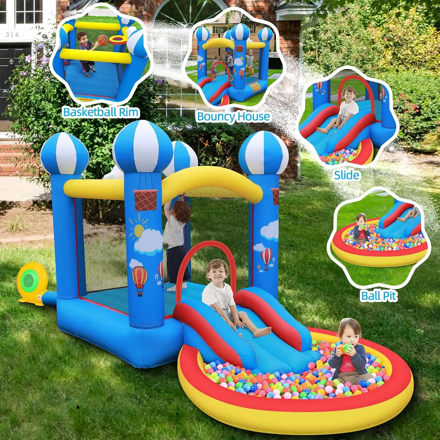 Culaluva Inflatable Bounce House: 4 in 1 Bouncy Castle with Ball Pit & Slide for Kids Age 3-6 with 370 Watt Blower and Storage B