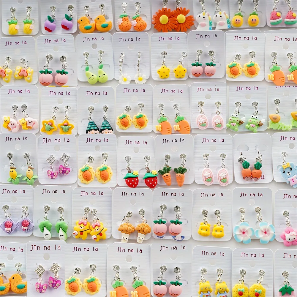 Wholesale Bulk Lot 50Pair/Lot Child Clip On Earrings For Girls Animal Fruit Mix Style For Kid Jewelry