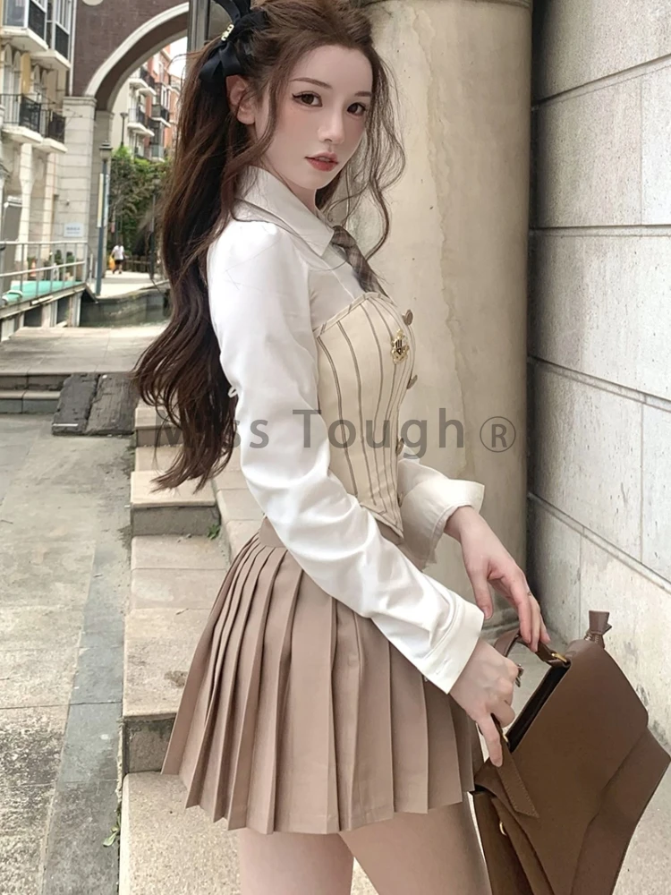 Sweet Elegant 3 Piece Set Women Korean Fashion Party Mini Skirt Set Female Vintage Designer Pleated Skirt Suit 2023 Autumn New