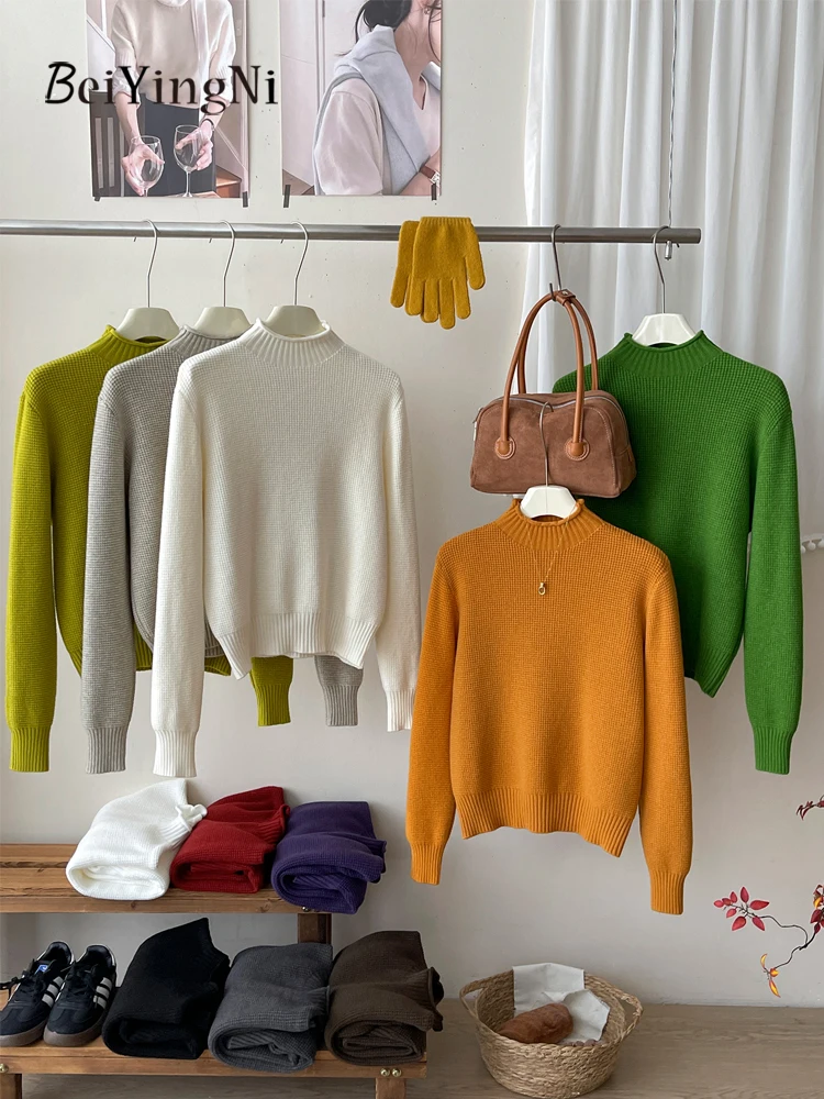 Beiyingni 2025 العصرية المرأة الوقوف طوق سترة الفرنسية أنيقة العقص كم طويل متماسكة القمم السيدات لون نقي بلوفر شتوي #5