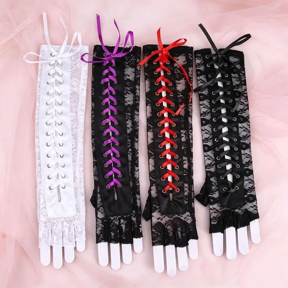 Sweet Elastic Lace Strap Gloves Long Gloves Lolita JK Ribbon Half Finger Gloves Punk Elbow Long Women Gloves Prom Dress