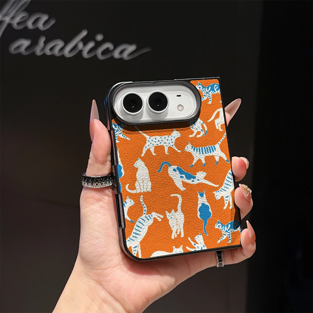 Pirve Orange White Cat Phone Case For IPhone Duo For IPhone 18 Premium PU Leather Shockproof Protective Fold Cover