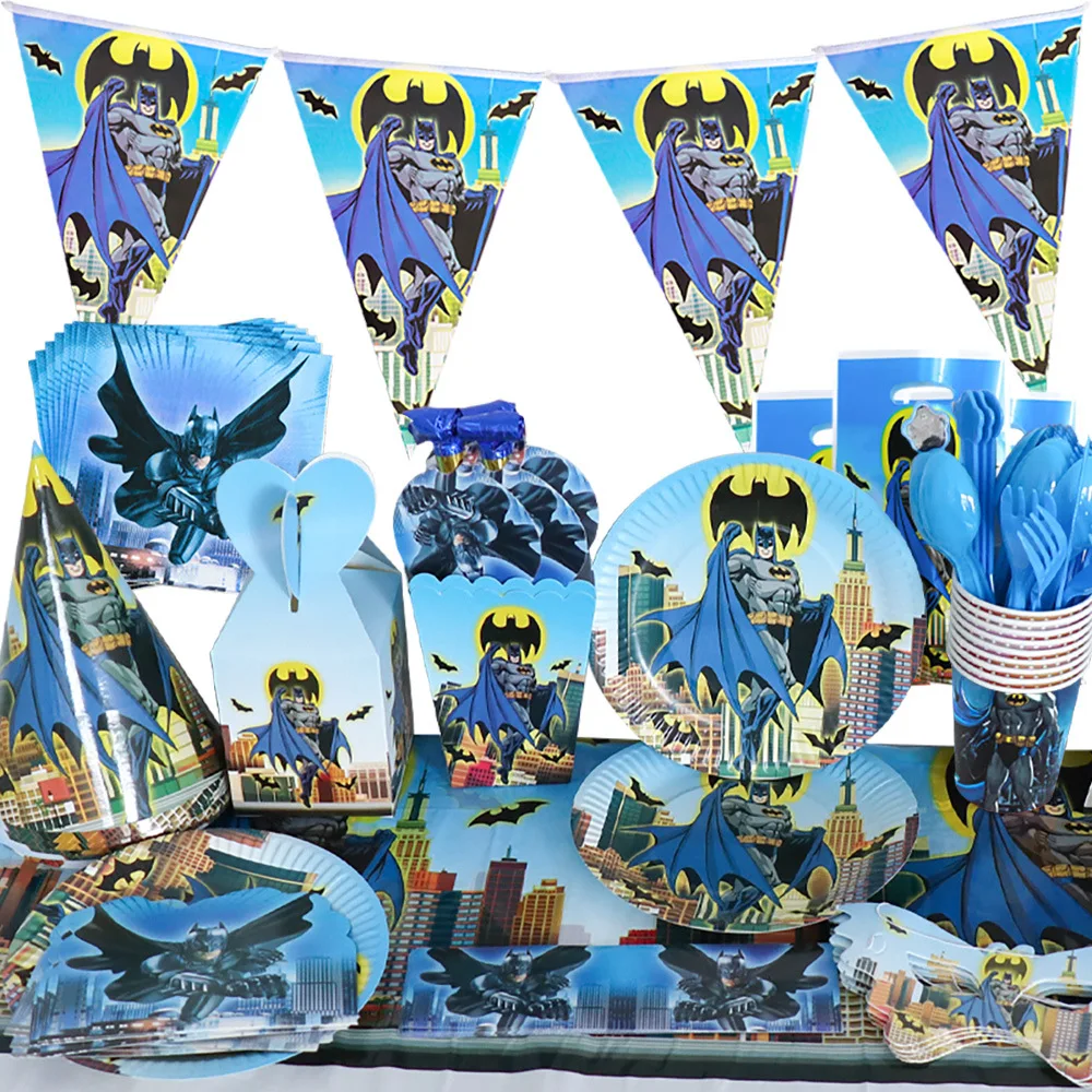 Hot Cartoon Anime Batman Themed Party Decoration Supplies Tableware Flag Pulling Background Cloth Latex Aluminum Film Balloons