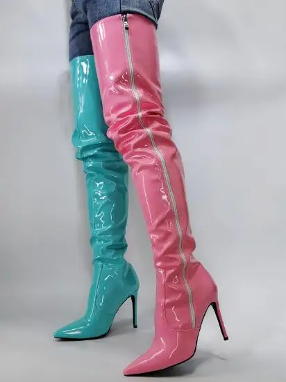 

One Pink Another Blue Shiny Patent Leather Pointed Toe Zipper Side Over The Knee Boots Women Contract Color Thigh Long Boots