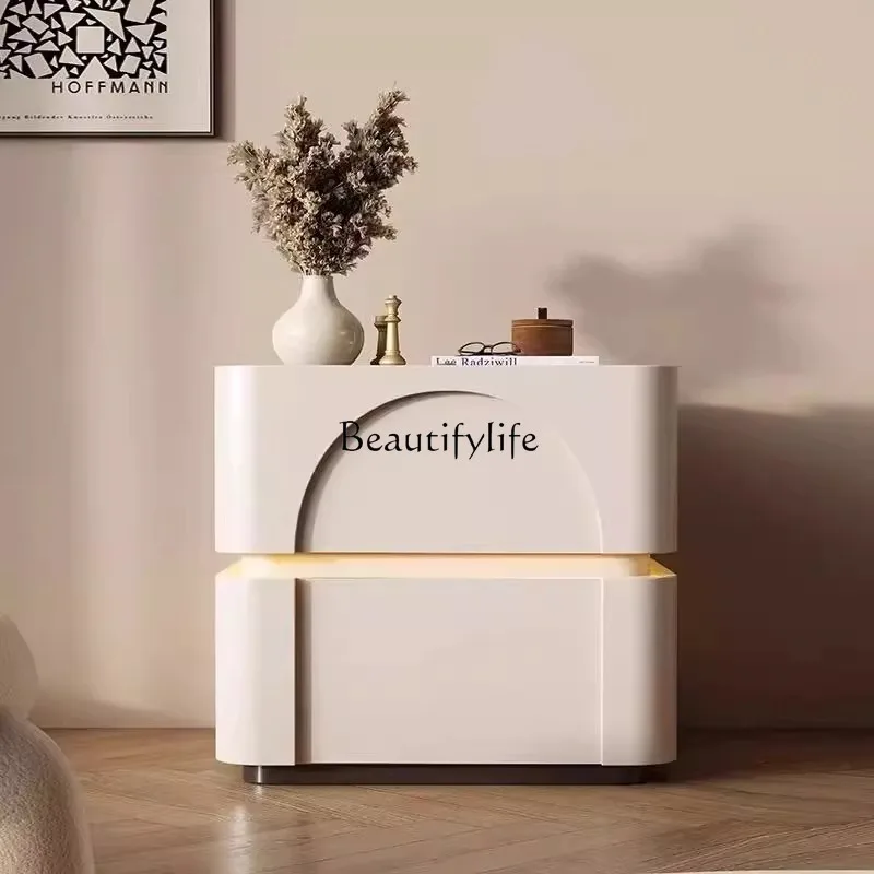 

*Modern light luxury smart bedside table cream wind bedroom bedside table white paint Italian minimalist