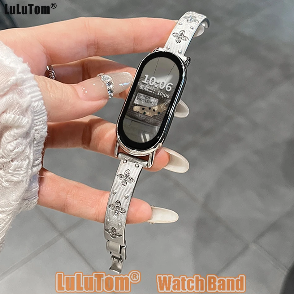 

Strap For Xiaomi Mi Band 10 9 8 Pro Luxury Relief Flower Diamond Bangle Watchband For Miband 8Pro 9 Pro Metal Bracelet Wristband