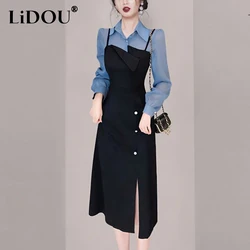 Primavera autunno ufficio signora elegante moda Vintage Midi Dress femminile manica lunga temperamento Patchwork Robe donna fessura abiti