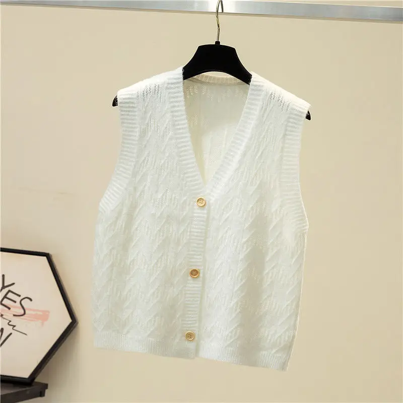 Autumn Winter Screw Thread V-Neck Knitted Sleeveless Button Up Women\'s Clothing Cardigan Coats Casual Elegant Vest Sweet Tops