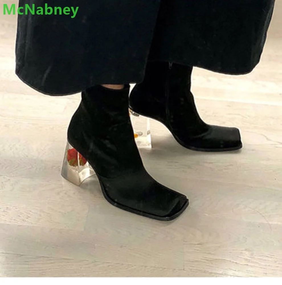 Transparent Rose And Cigarette Black Boots For Female Women Side Zipper Square Toe Ankle High All-match Fashion Runway Shoes