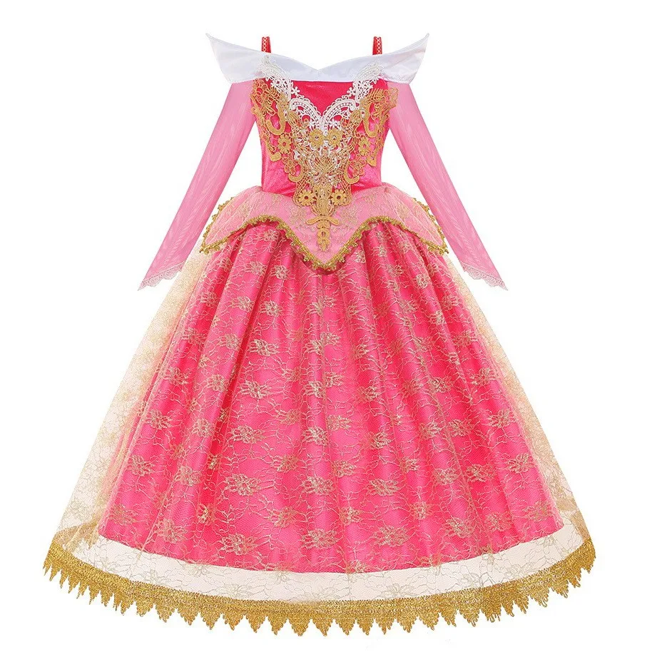 Disney Sleeping Beauty Aurora Princess Dress Cosplay Off Shoulder Kids Gifts Fancy Halloween Party Girl Baby Fine Lace Dress