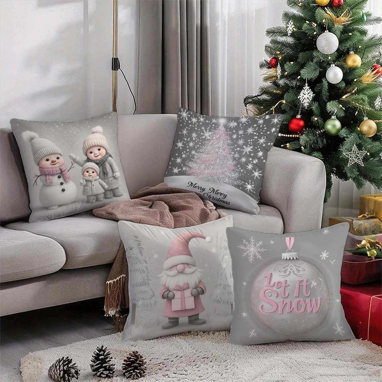 Pink Grey Christmas Pattern Cushion Cover Suitable for Sofa Bedroom Car Pillow Cover