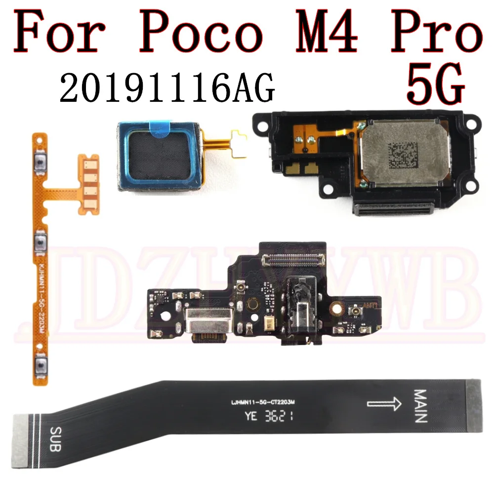 USB Charging Port Board For Xiaomi Mi Poco M4 Pro M4Pro 5G Bottom Earpiece Loudspeaker Power Volume Motherboard Flex Cable