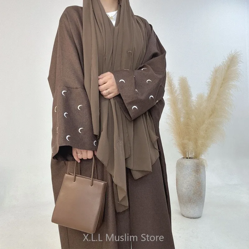 Eid Moon Emroidery Open Abaya One Piece Without Hijab Muslim Sets For Women Islam Modest Loose Kimono Outwear Clothing For Party