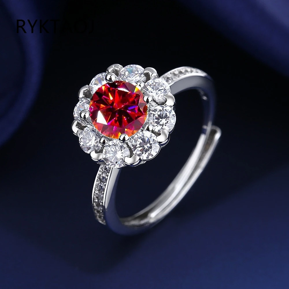 925 Sterling Silver Round Red Zircon Open Adjustable Ring for Women Double Halo Sparkling Gemstone Wedding Fine Jewelry Gift