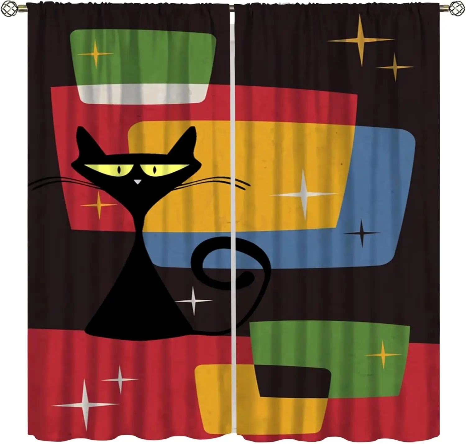Mid Century Black Cat Curtain Retro Color Block Atomic Iconic Stars 1950s Modern Abstract Geometric Rod Pocket Window Drapes for