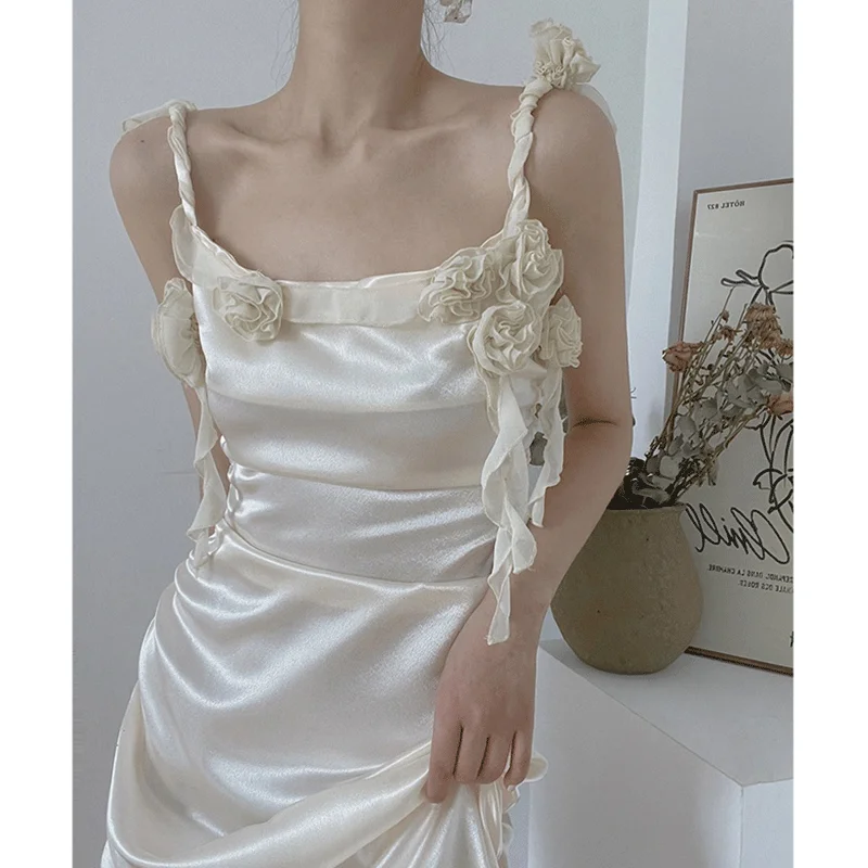여성용 로즈 새틴 스트랩리스 드레스, 여름 프렌치 엘레강스, 새로운 롱 드레스, 우아한 이브닝 가운