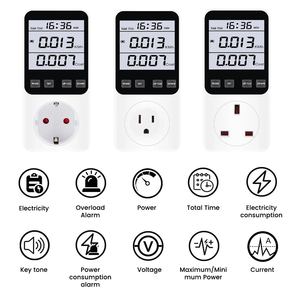 AC 220V Digital Wattmeter LCD Power Energy Precise Meter Power Monitor EU/US/UK Plug Socket Power Kilowatt Wattage Voltage Meter