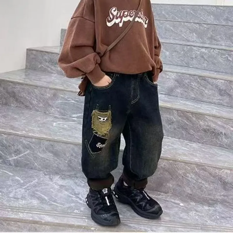 

Boys Fleece Jeans Autumn and Winter 2025 New Boys Thickened Integrated Fleece Pants Baby Casual Pants
