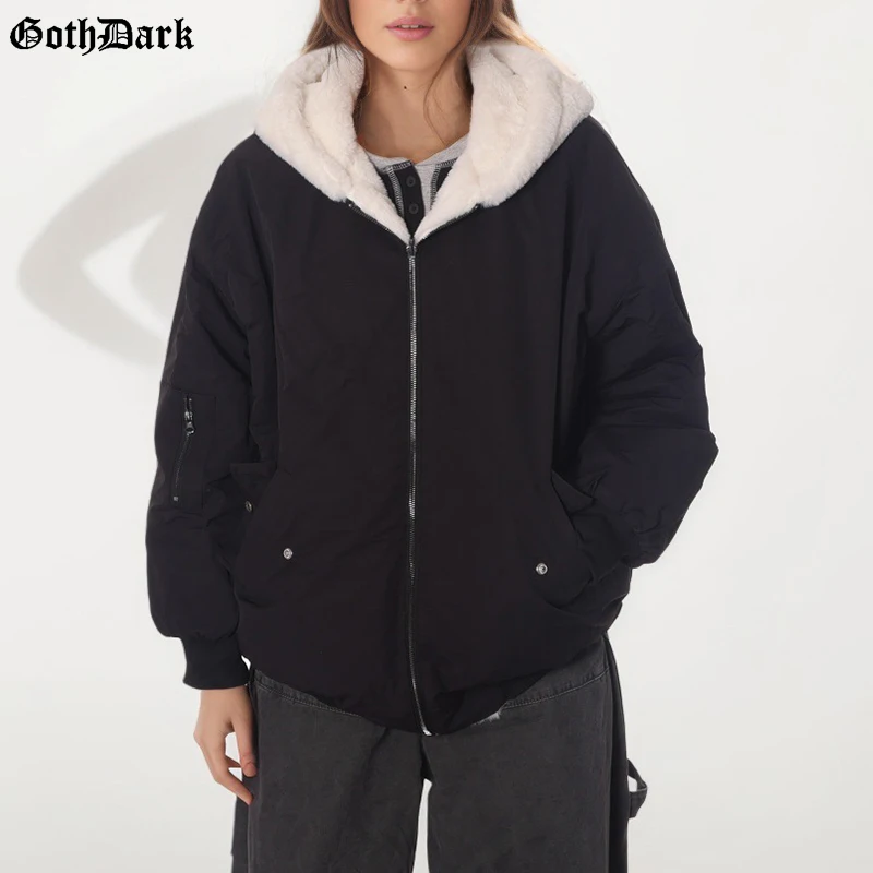 Goth Dark Autumn Winter Faux Fur Collar Solid Hooded Coats for Women Casual Zip Up Hoodies Coats & Jackets Warm Streetwear Loose