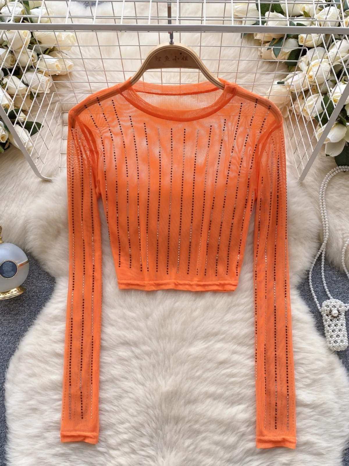 Women's Sexy ort Crop Top Pure Color Long Sve Base irt Heavy Embroidery Me See-tough Belly Baring Korean Sle T-s...