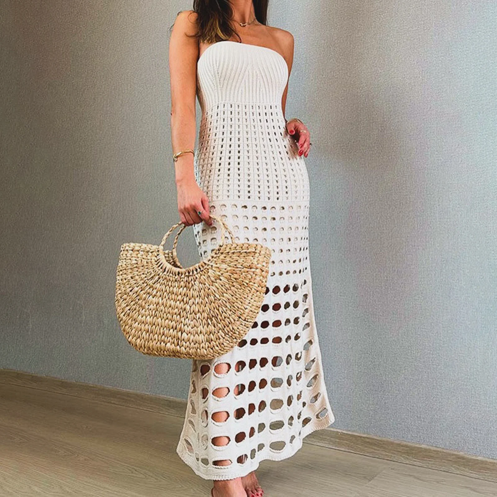 Nueva moda mujer vestido sin tirantes de punto elegante sólido ahuecado sin mangas tubo vestido largo ajustado para el verano S M L