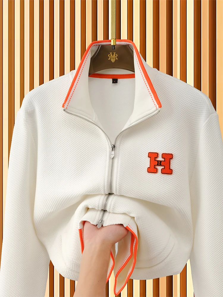 

Faionable Luxury Zipper Cardigan Sweatirt Men Long Sve Thi Embroidery Air Layer Thi Wfle Collar Jaet Men