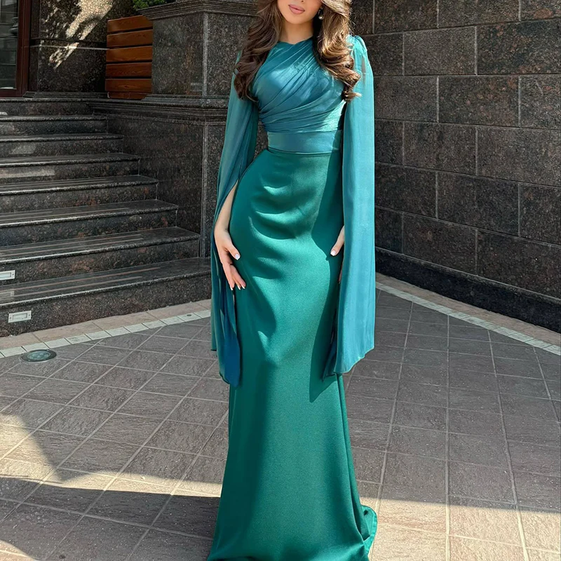 Fashion Satin Solid Robe Dress Ladies Temperament O-neck Slim Evening Dress Elegant Batwing Sleeves High Waist Pleats Long Dress