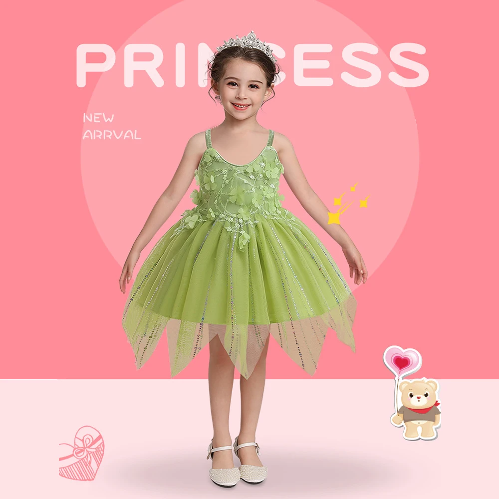 Halloween Evenning Princess Clothing 1 To 7Y Flower Fairy Green Gown Elegant Clothes Kids Cosplay Girls Costume Party Outfit New