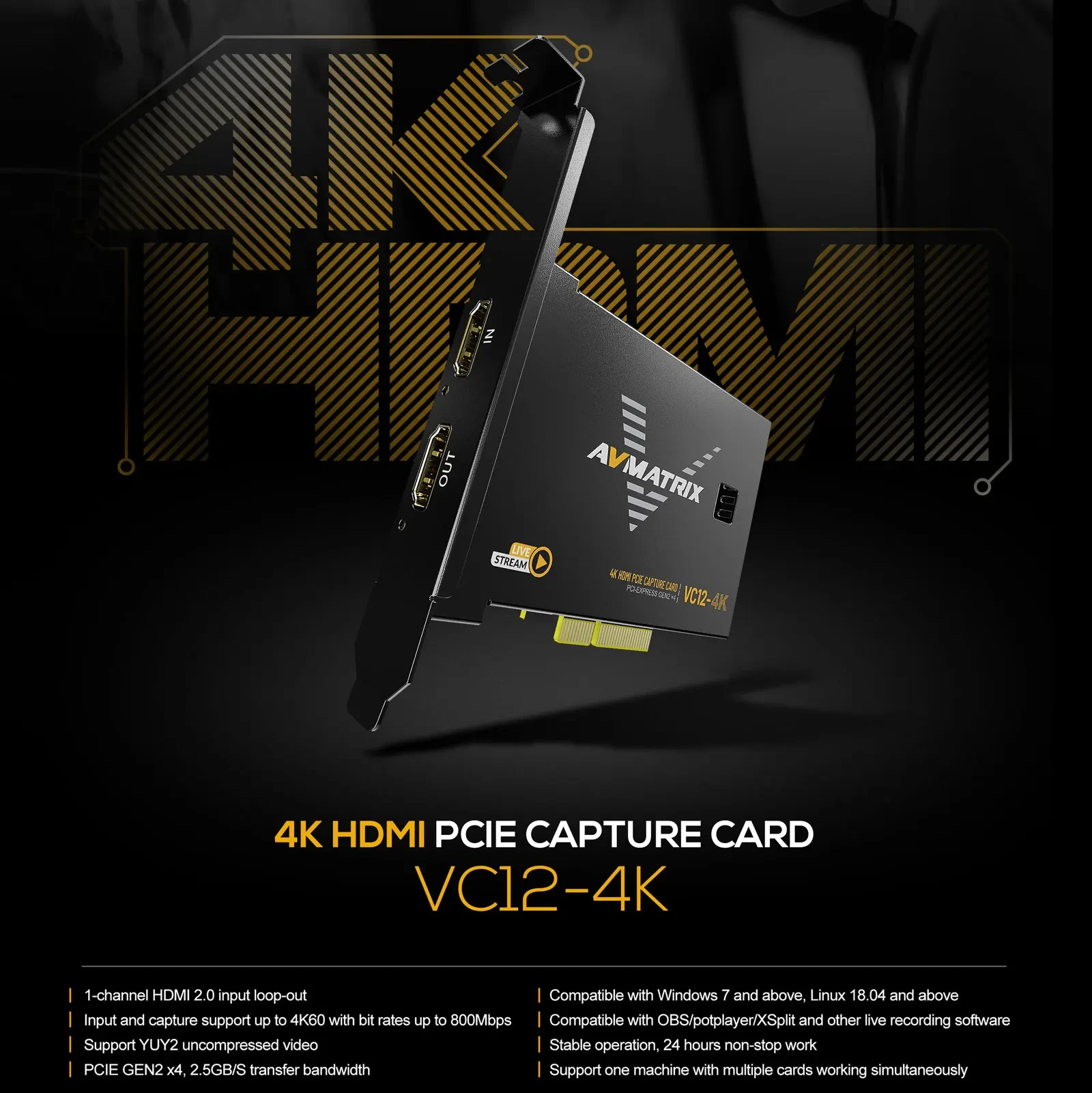 AVMATRIX VC12-4K PCIE Capture Cards Game Capture Card 4k for Livestream and Record in 4K60 UHD with Ultra-Low Latency