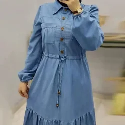 Femme caftano Islam abbigliamento elegante abito in Denim monopetto Dubai turchia caftano musulmano colletto rovesciato abiti per le donne