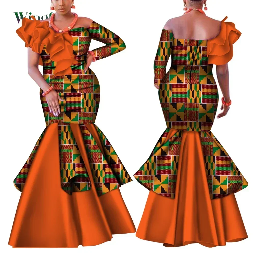 Dashiki Afrikanisches Kleid für Frauen Bazin Riche One-Shoulder Sexy Slash Neck Hochzeitskleid Traditionelle afrikanische Kleidung WY4224