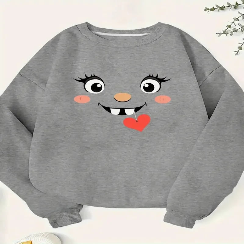 

Осень-зима, женский свитер больших размеров, милый мультяшный дизайн лица, длинный рукав, круглый вырез, мягкая хлопковая ткань, одежда Y2k