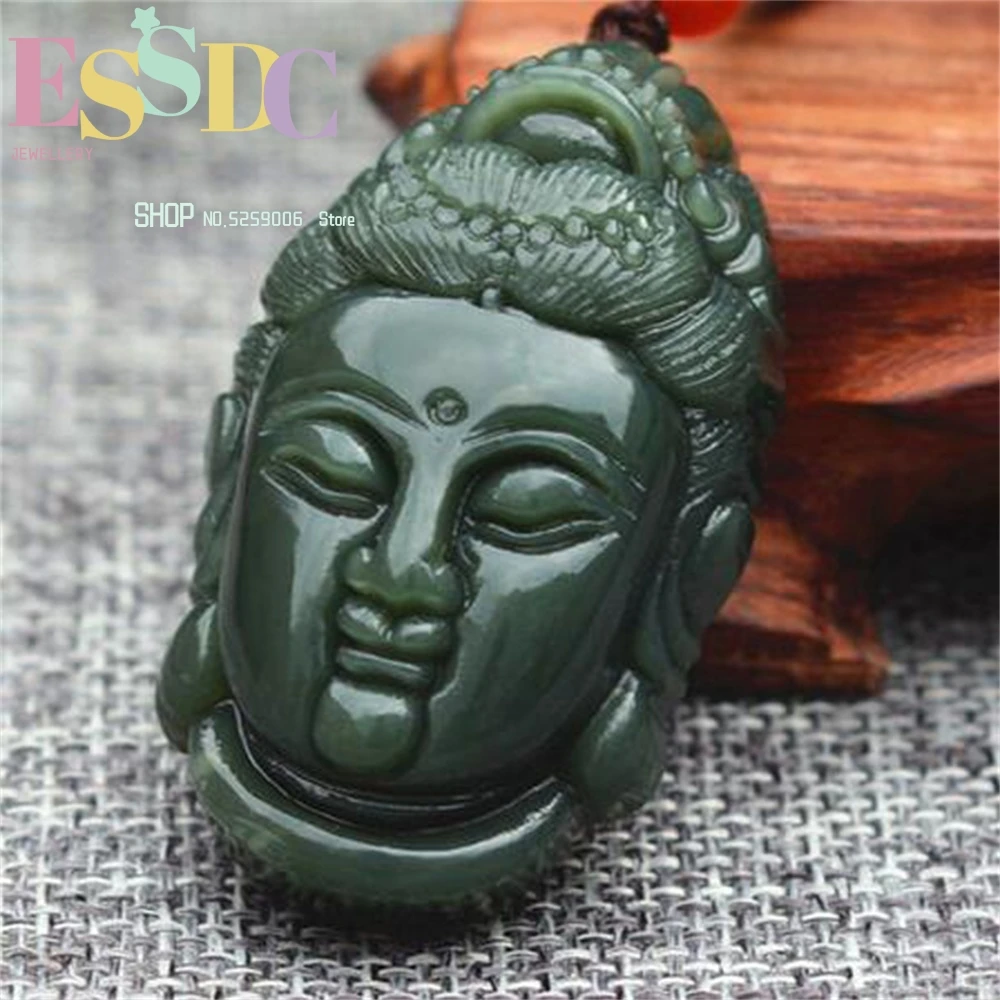 100% Green Jades Pendant Necklace Carved Guanyin Bodhisattva Patron Saint  Men's Nephrite  Stone Jewelry Ethnic Style