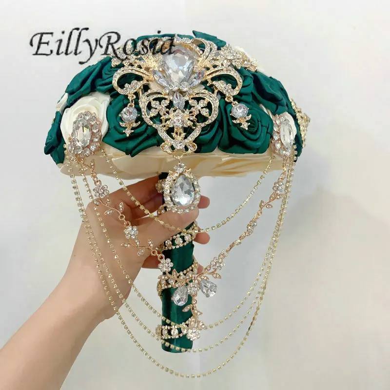 EillyRosia Emerald Green Wedding Bouquet for the Bride and Bridesmaid Bling Jewelry Sparkly Brooch Bouquet Satin Silk Ribbon