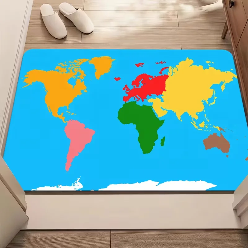 Bright Color Block World Map Doormat Simple Kids Continent Print Non Slip Floor Mat for Playroom Entryway Bedroom Study Decor