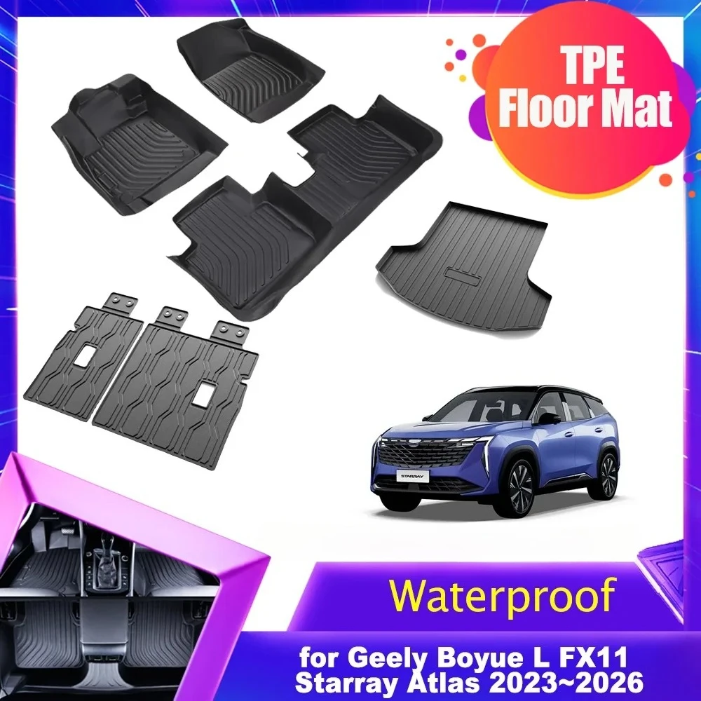 Tapete de Carro para Geely Boyue L FX11 Starray Atlas 2023~2026, Forro TPE, Protetor de Porta-Malas, Almofada para Encosto de Banco, Acessórios Impermeáveis e Antiderrapantes