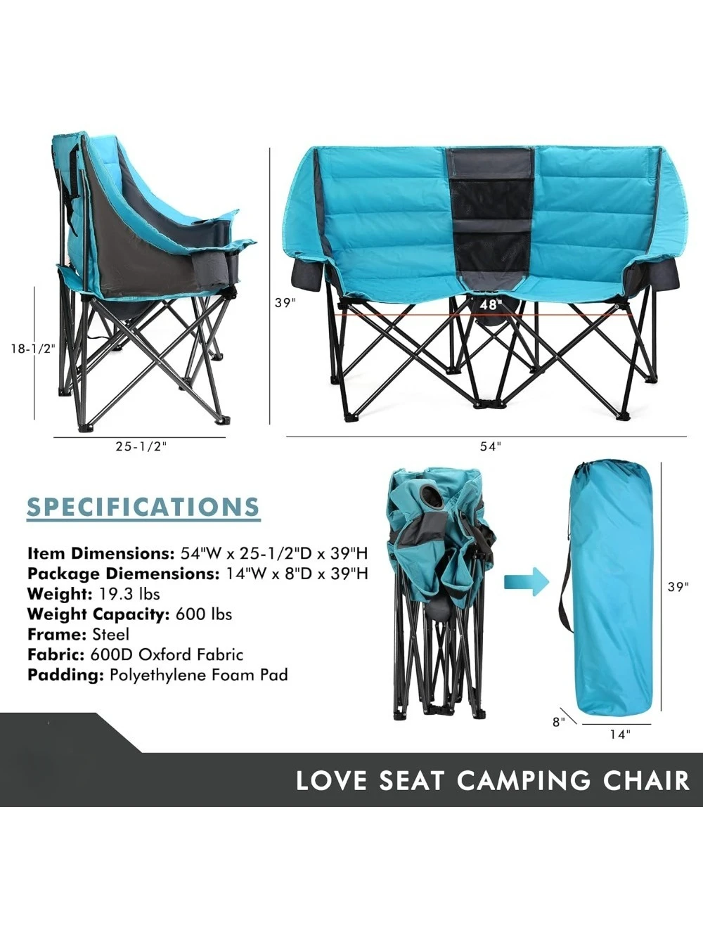 Double Camping Chair w/Cooler Bag, Extra Wide Loveseat, Heavy Duty Padded Camping Couch, Portable Folding Chair w/Carry Bag