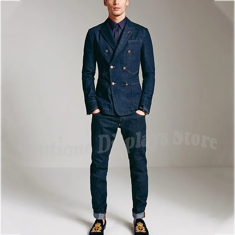 

Man Suit Two Pieces Denim Outfits Luxury Man Set Jacket Pants Double Breasted Slim Fit High Quality Social Club Prom Male Suit